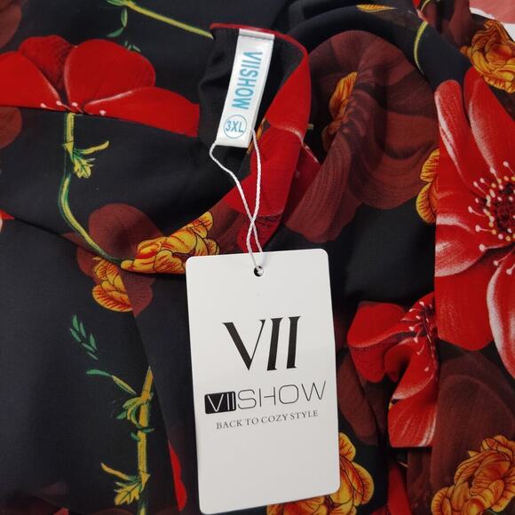 Viishow Women's Red Peony Short Sleeve Chiffon Blouse 3XL/22 New with Tags - Picture 4 of 6